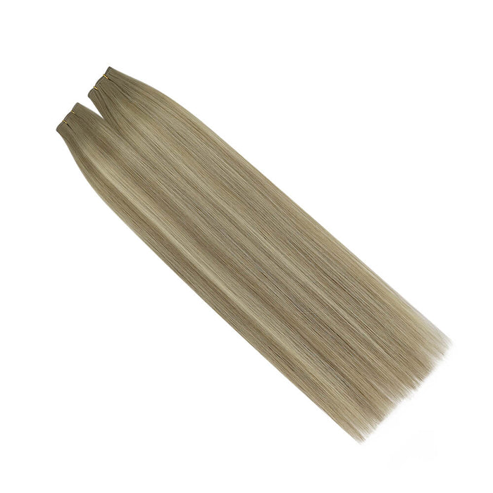 [New] Flat Silk Weft Hair Extensions 100% Virgin Human Hair with Blonde Highlights #P8/60